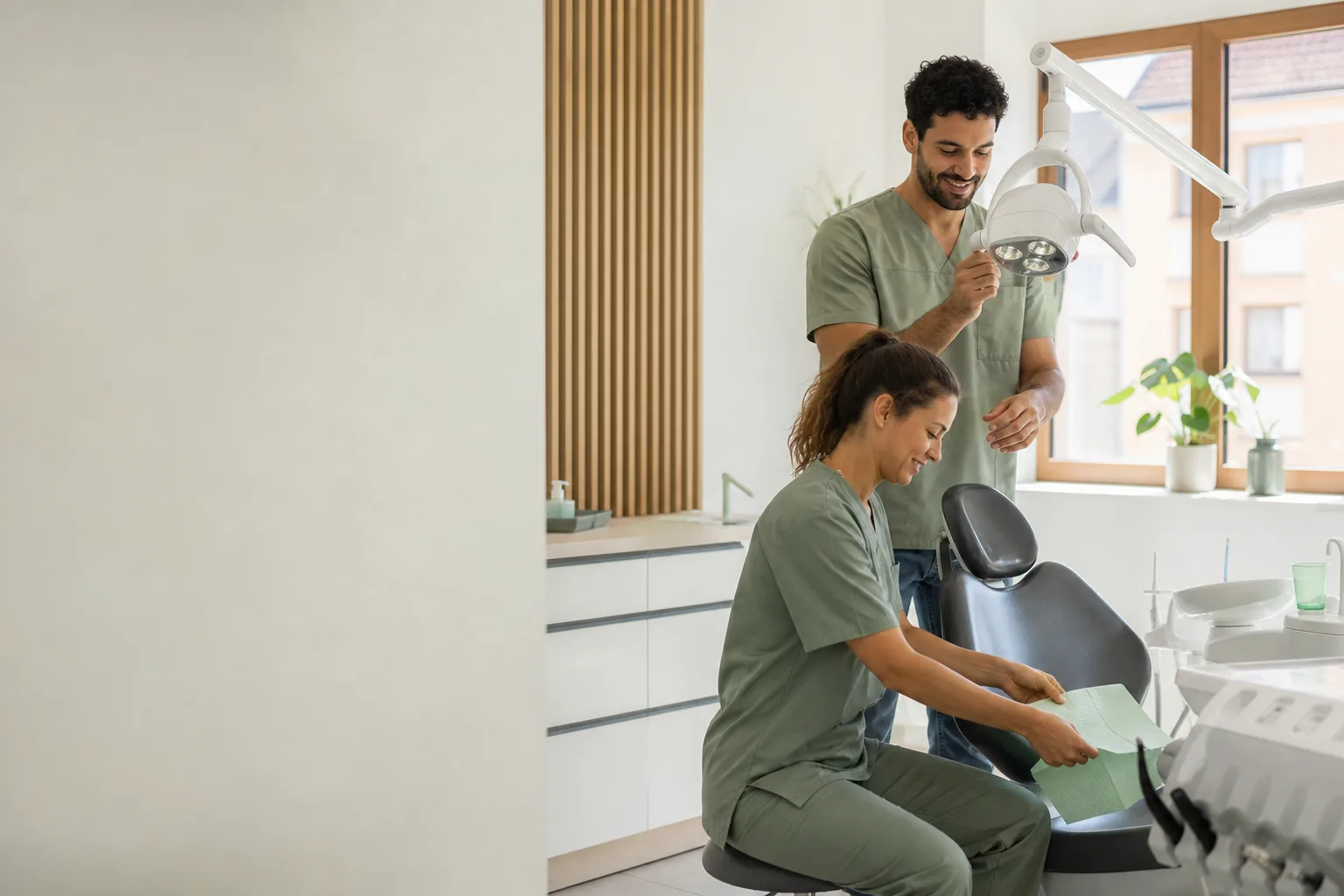 Dental practice team preparing a treatment room