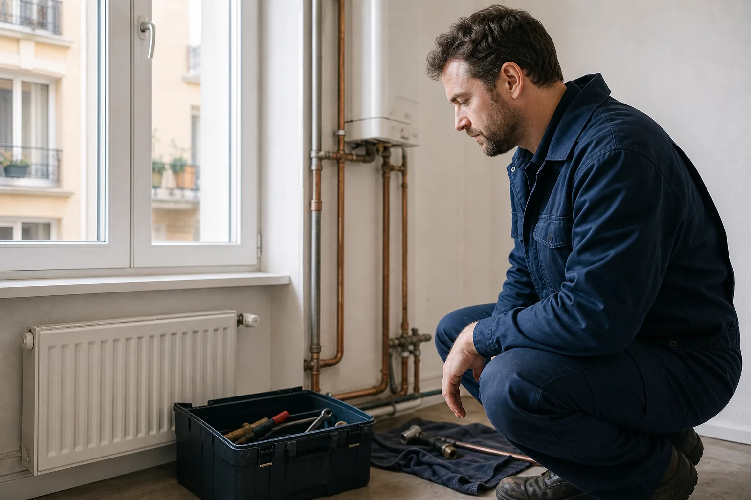 Local plumber preparing tools beside residential pipework