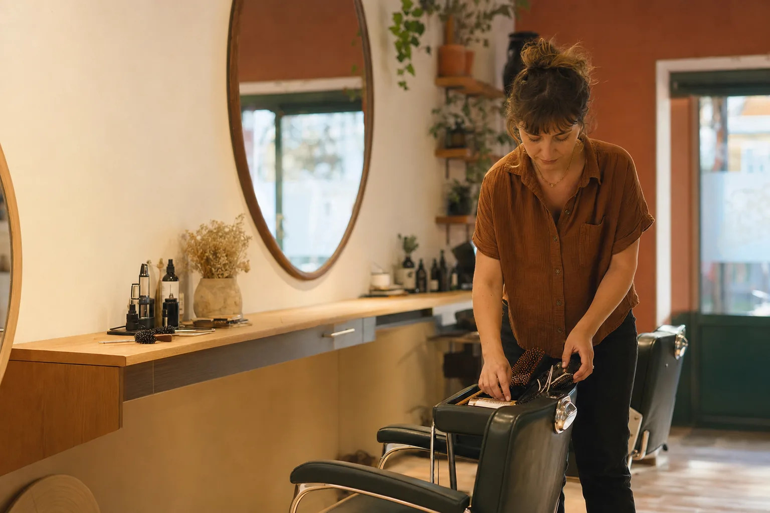 Independent salon owner preparing styling tools